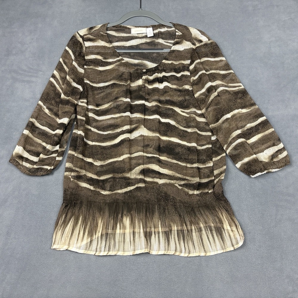 Chicos Size 1 US Medium Brown Abstract Sheer Ruffle Hem Blouse 3/4 Sleeve - Picture 2 of 7